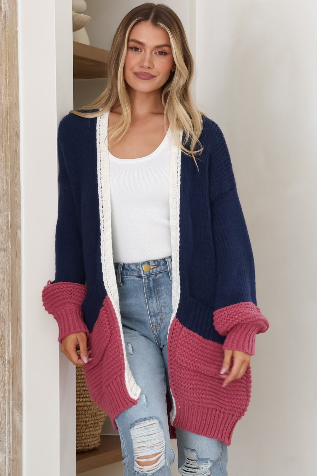 Bessie Cardigan - Color Block Open Knit in Navy