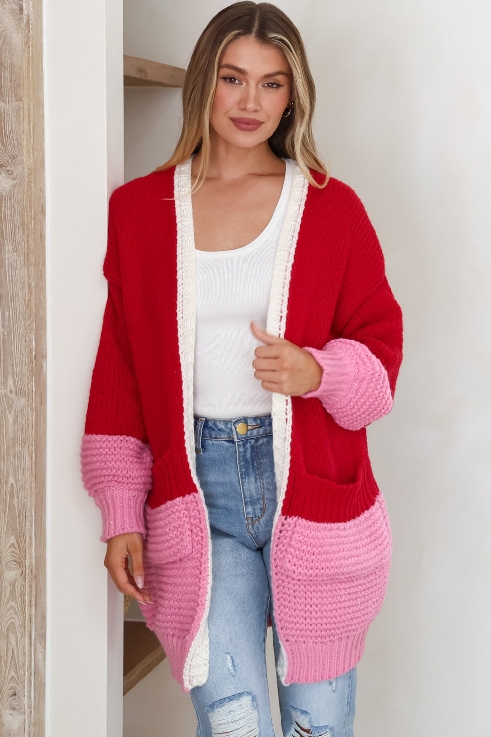 Bessie Cardigan - Color Block Open Knit in Red