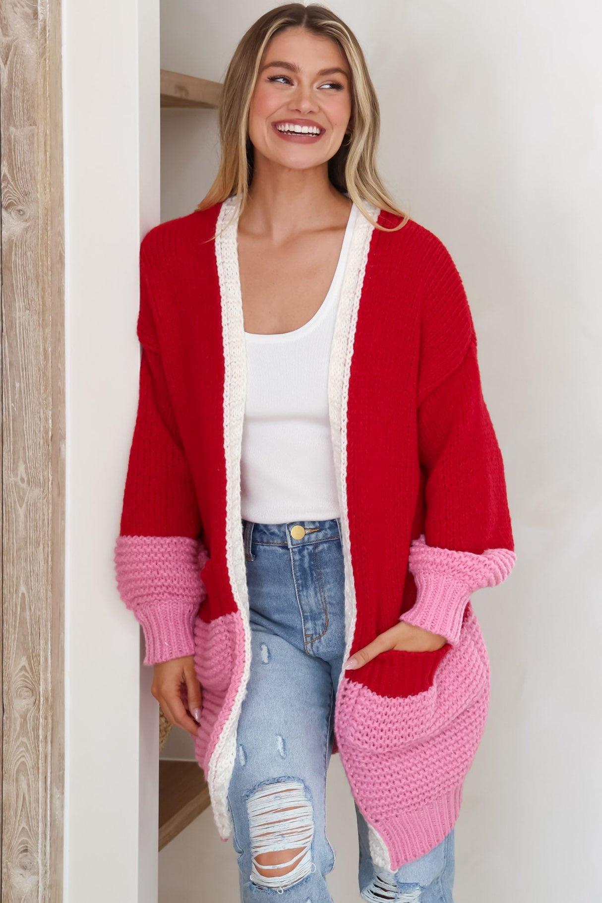 Bessie Cardigan - Color Block Open Knit in Red