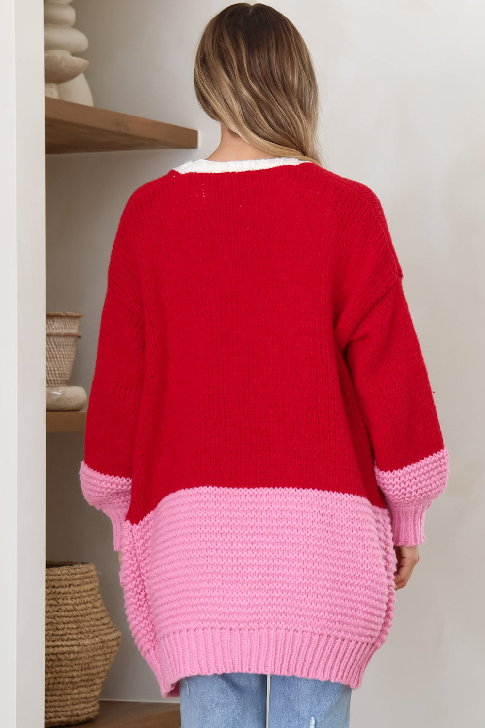 Bessie Cardigan - Color Block Open Knit in Red
