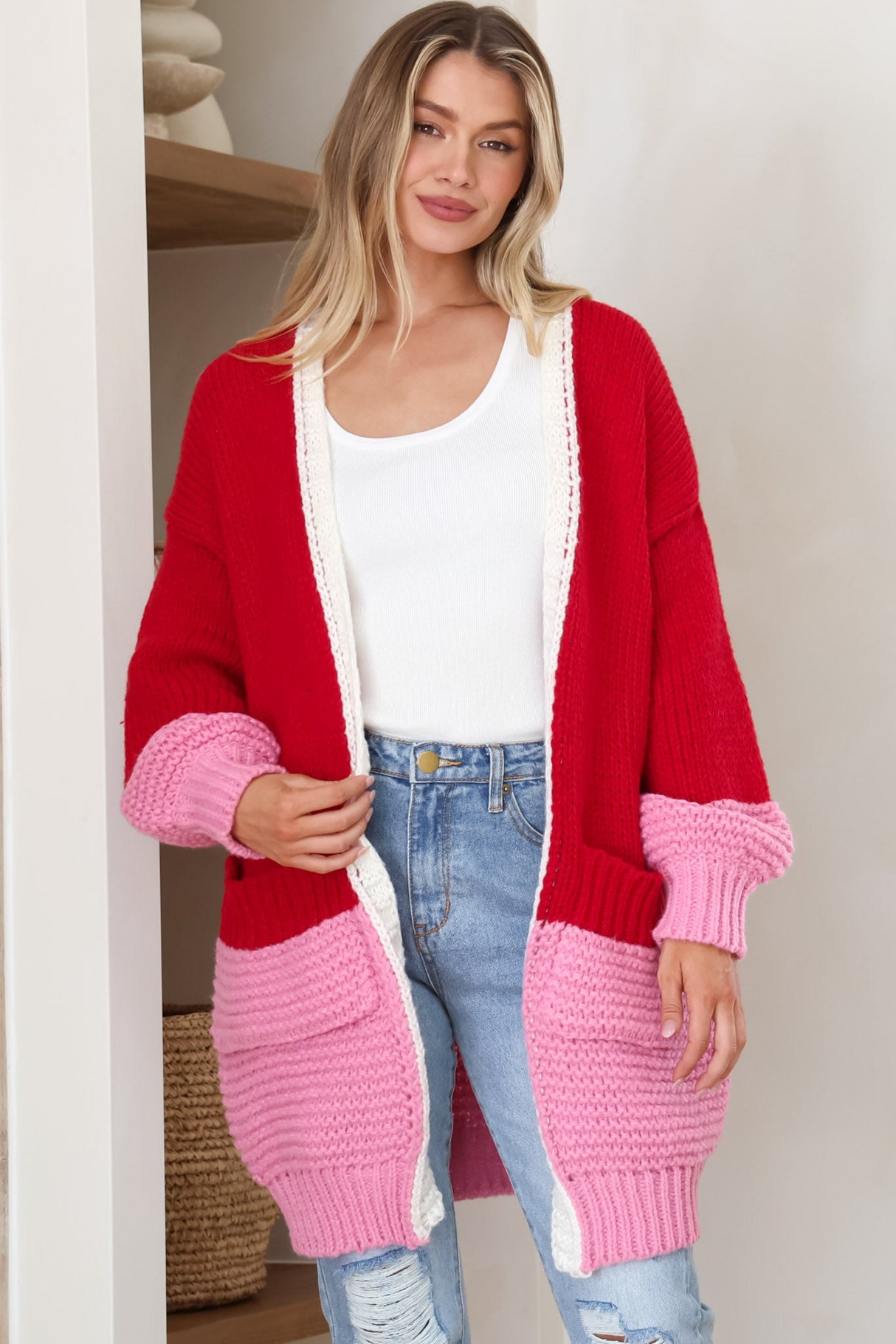 Bessie Cardigan - Color Block Open Knit in Red