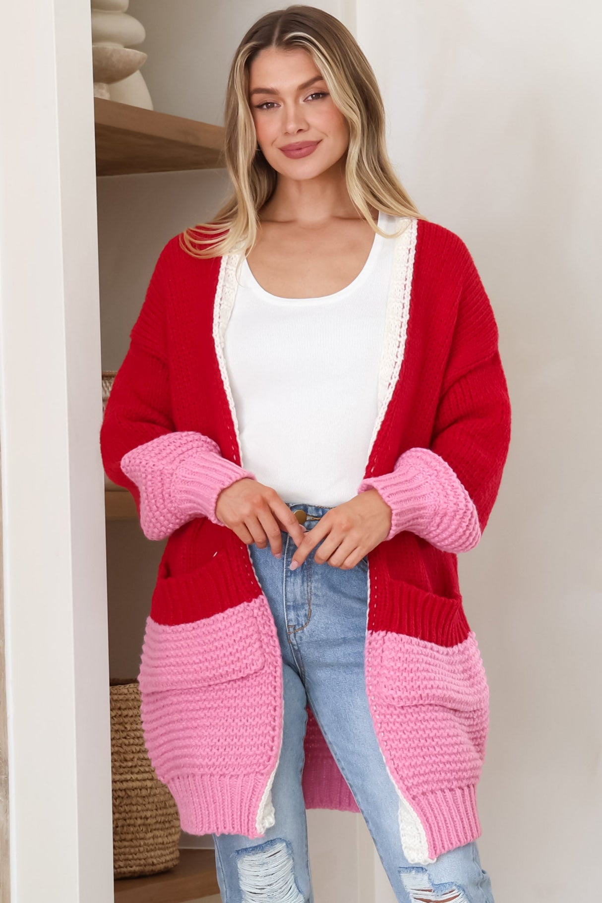 Bessie Cardigan - Color Block Open Knit in Red