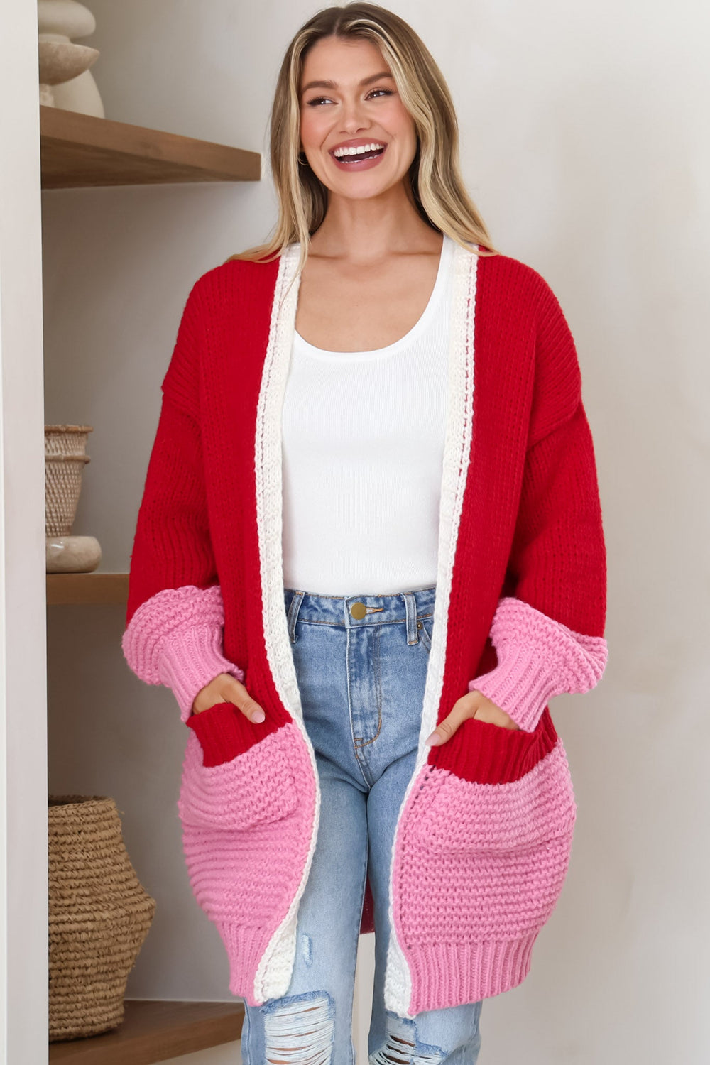 Bessie Cardigan - Color Block Open Knit in Red