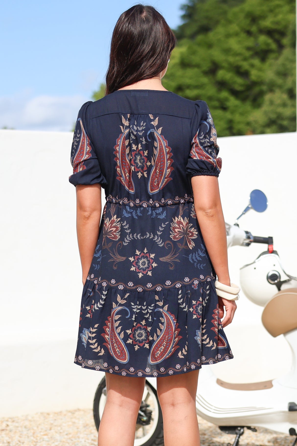 Bestie Mini Dress - V Neck Balloon Sleeve Dress with Tie Waist and Pockets in Magah Print Navy