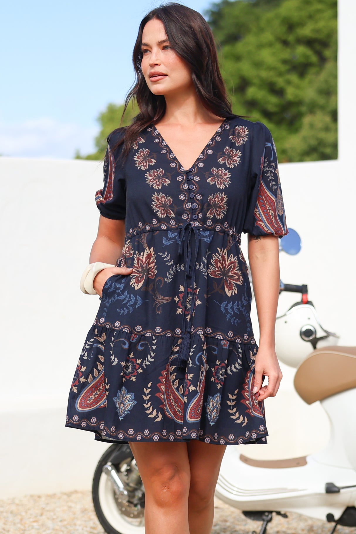 Bestie Mini Dress - V Neck Balloon Sleeve Dress with Tie Waist and Pockets in Magah Print Navy