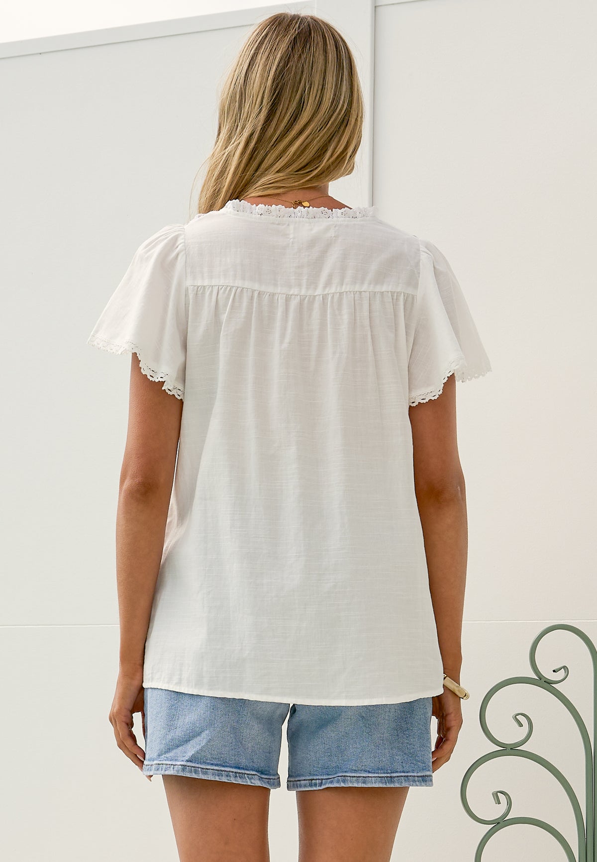 Bialah Top - V Neck Crochet Lace Yoke Flutter Sleeve Top in White