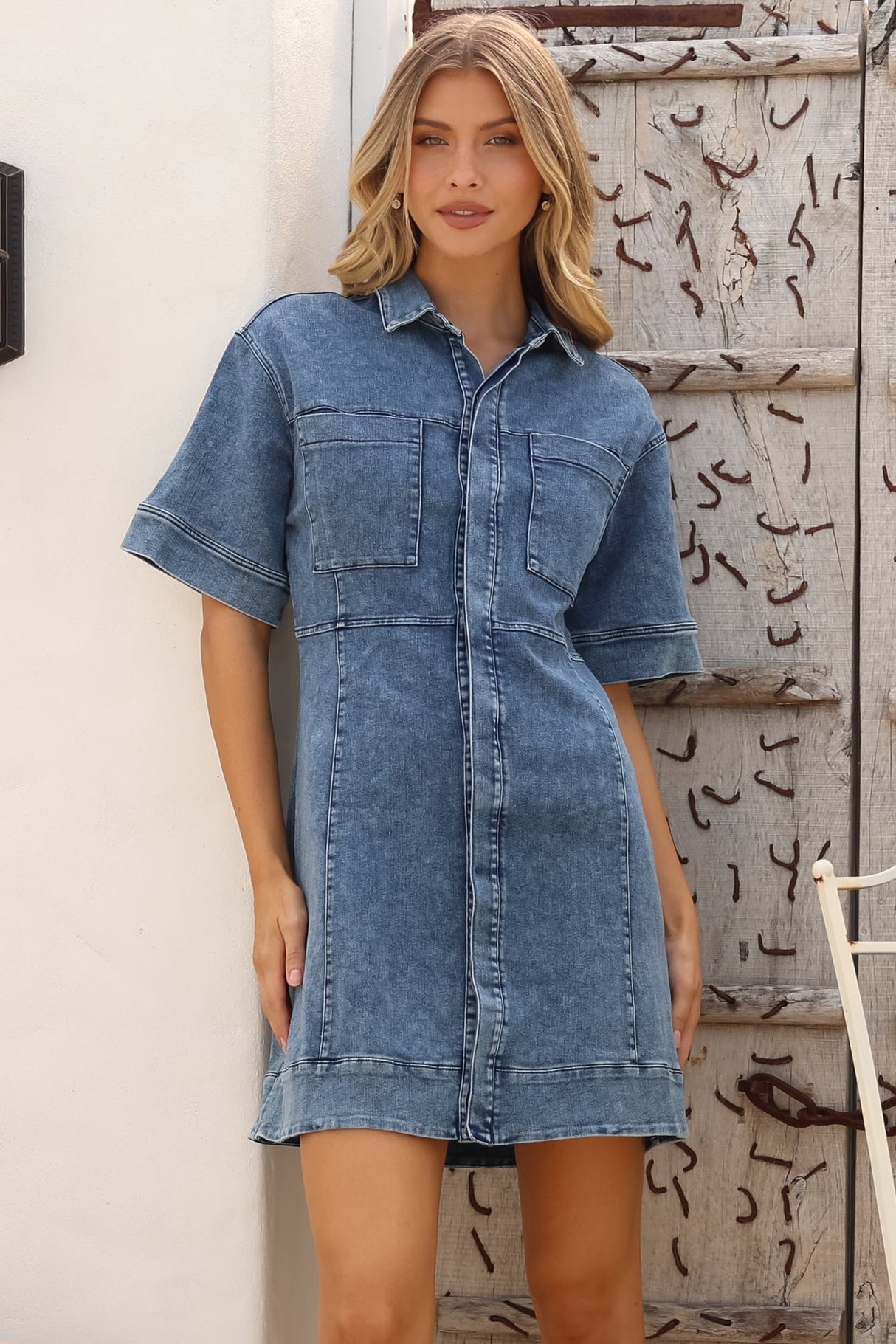 Bigsby Denim Mini Dress - Collared Button Down Short Sleeve Dress in Mid Wash Denim