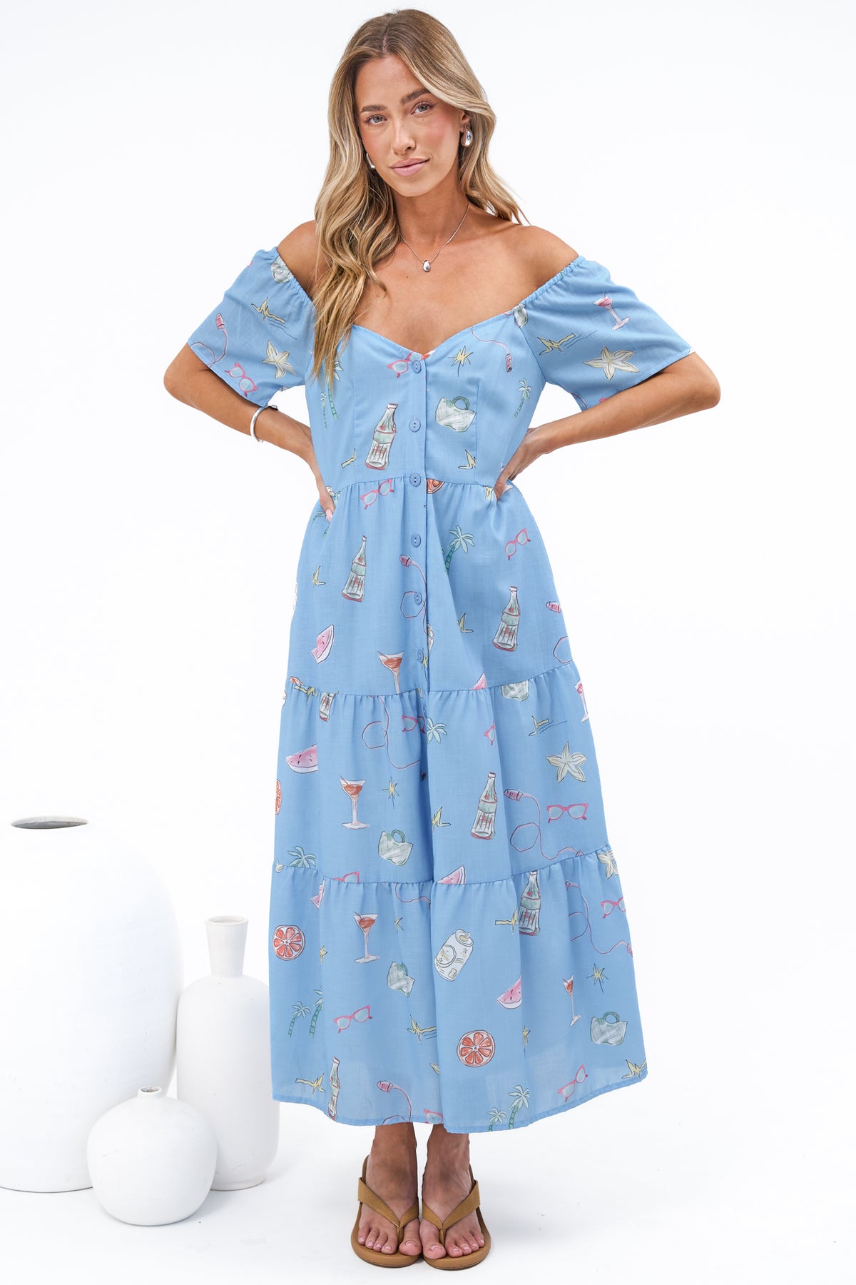 Billie Midi Dress - On or Off Shoulder Button Down Dress with Pockets in La Mer Print