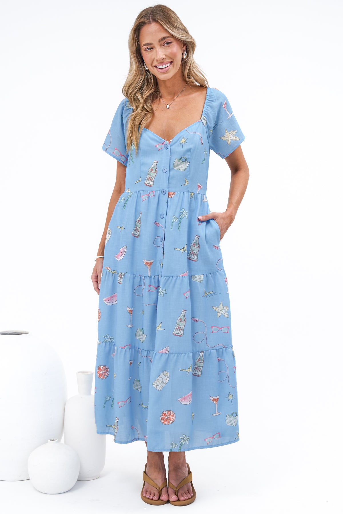 Billie Midi Dress - On or Off Shoulder Button Down Dress with Pockets in La Mer Print