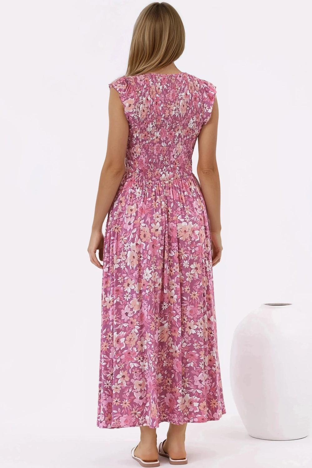 Bindy Midi Dress - V-Neck Elasticated Bodice Frill Cap Sleeve Dress in Doralee Print