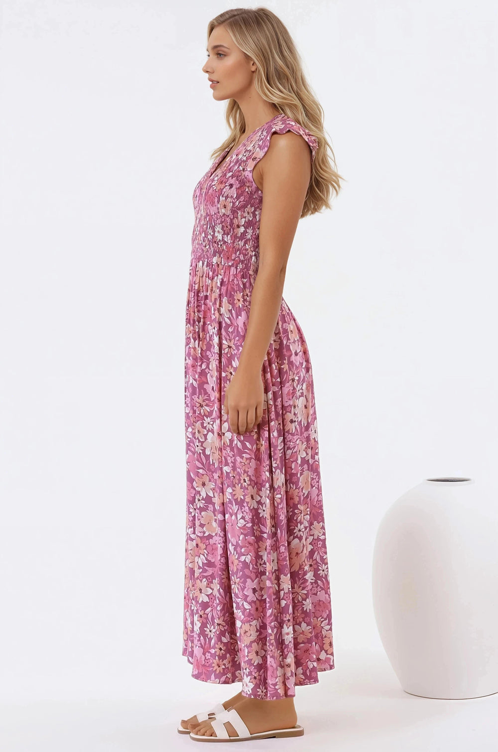 Bindy Midi Dress - V-Neck Elasticated Bodice Frill Cap Sleeve Dress in Doralee Print