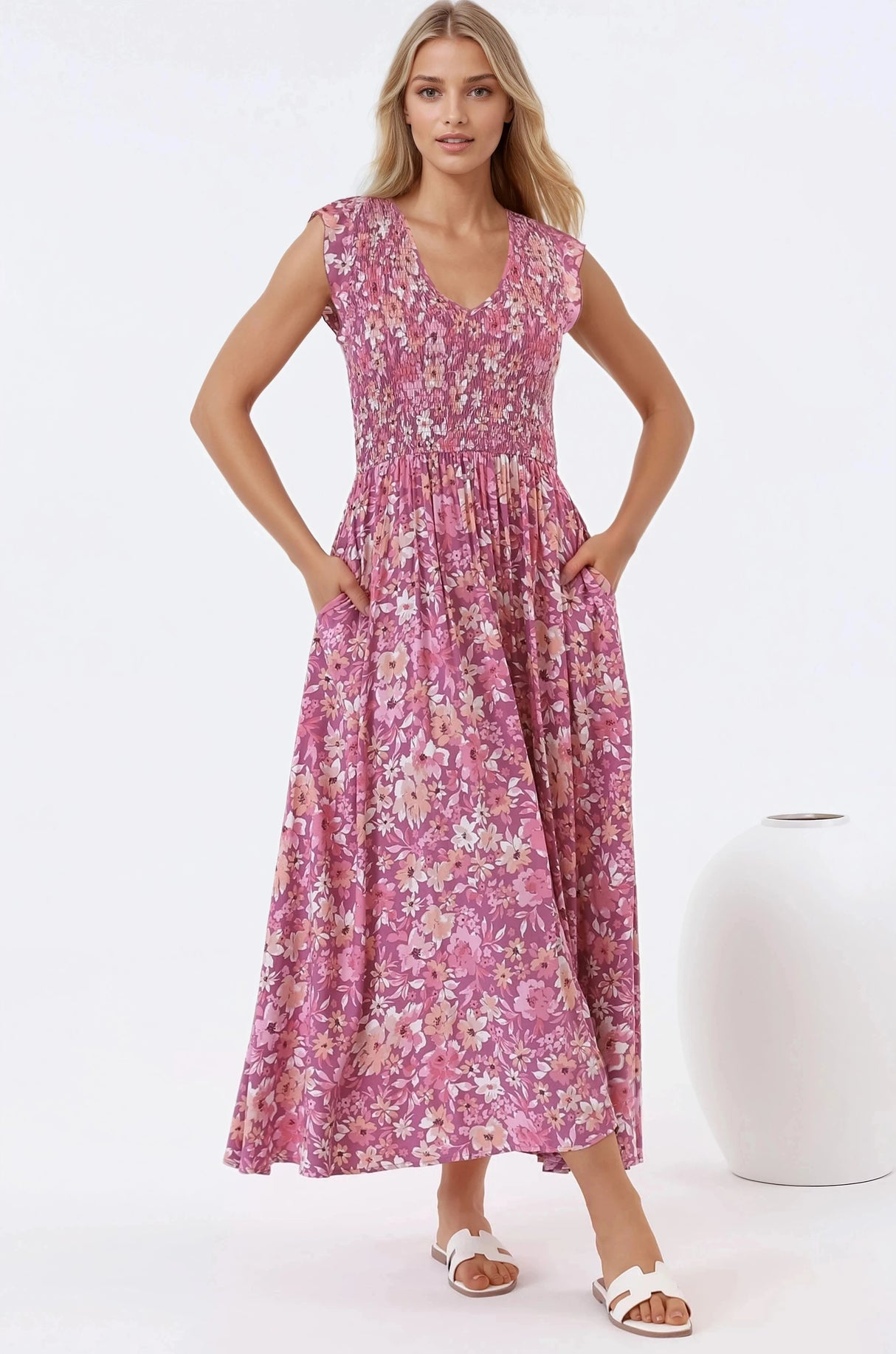 Bindy Midi Dress - V-Neck Elasticated Bodice Frill Cap Sleeve Dress in Doralee Print