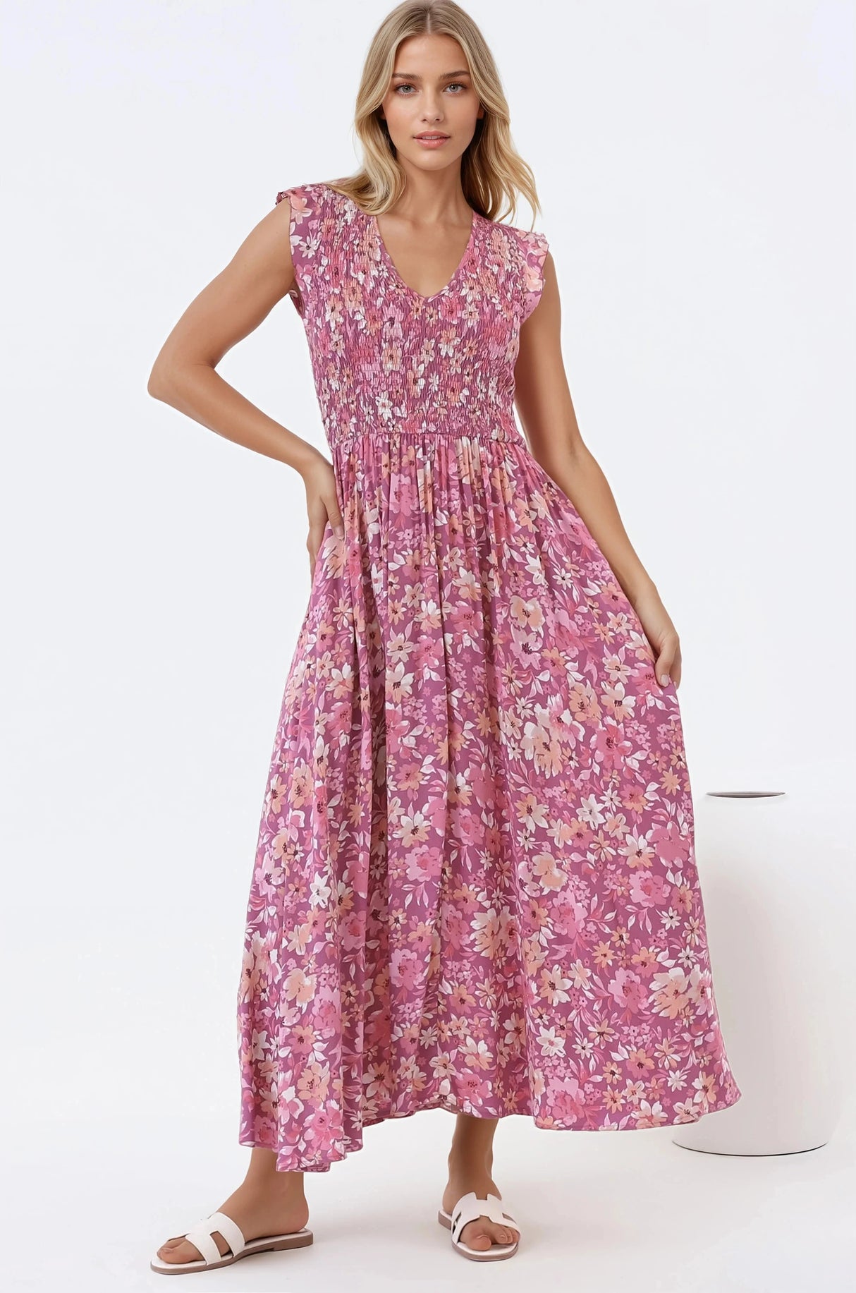 Bindy Midi Dress - V-Neck Elasticated Bodice Frill Cap Sleeve Dress in Doralee Print
