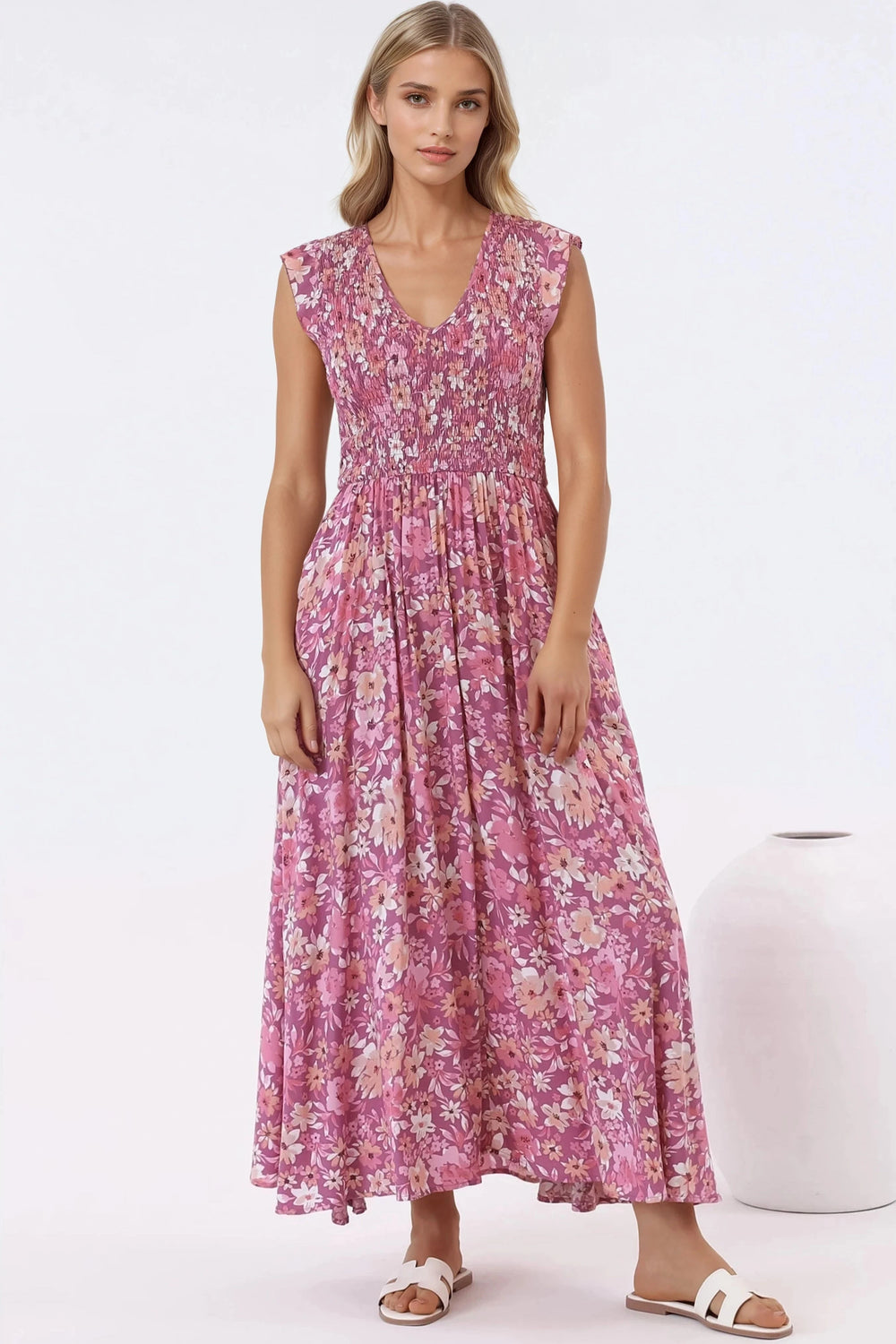 Bindy Midi Dress - V-Neck Elasticated Bodice Frill Cap Sleeve Dress in Doralee Print