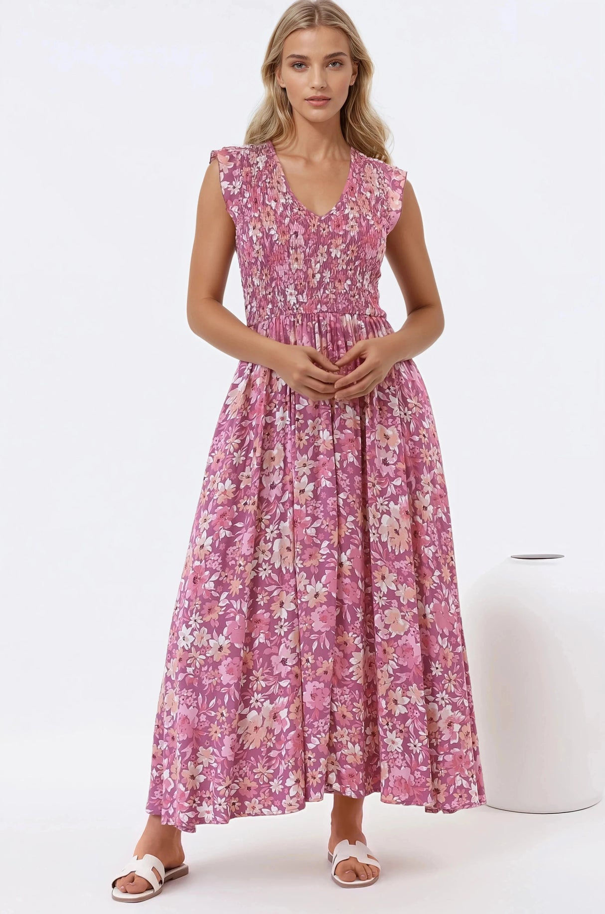 Bindy Midi Dress - V-Neck Elasticated Bodice Frill Cap Sleeve Dress in Doralee Print