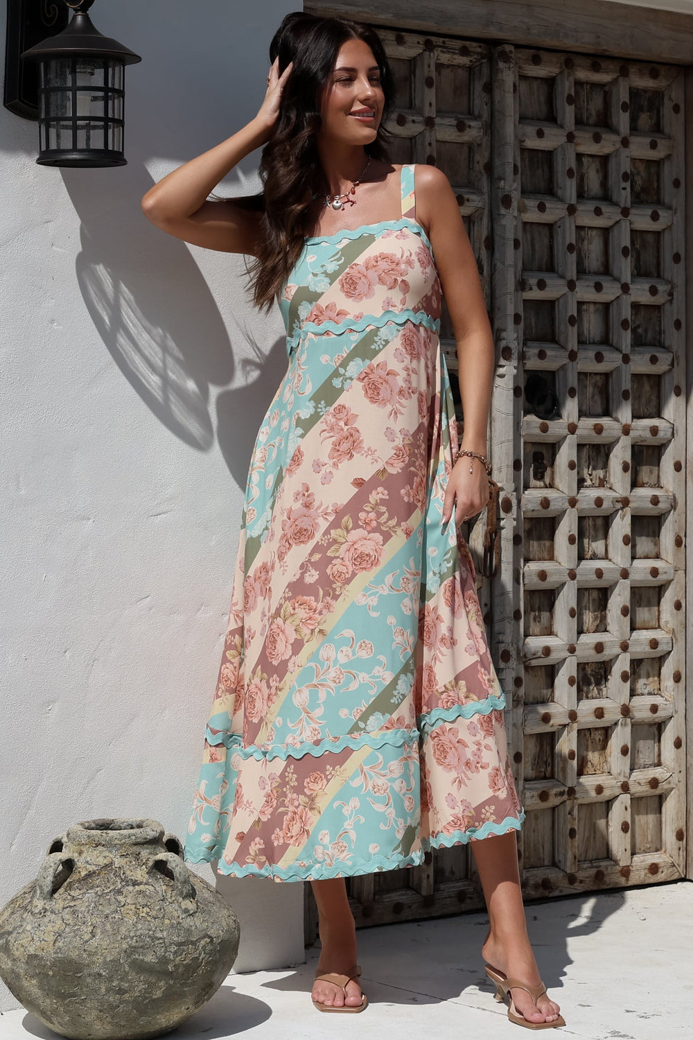 Bionda Midi Dress - Ric Rac Spliced Sun Dress with Adjustable Straps in Clavelle Print