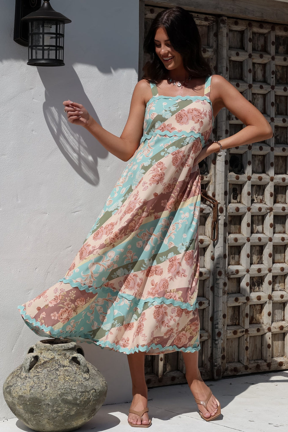 Bionda Midi Dress - Ric Rac Spliced Sun Dress with Adjustable Straps in Clavelle Print