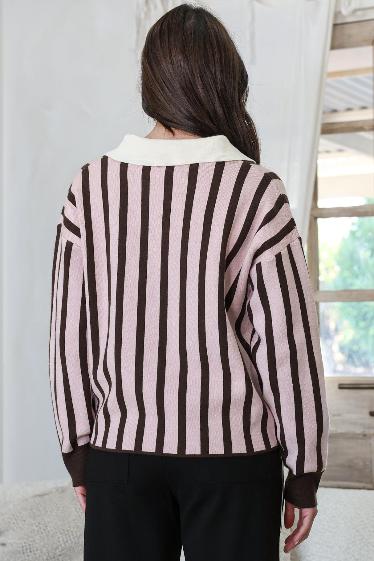 Bishop Jumper - Wing Collar Heart Button Detail Stripe Jersey Knit in Pink/Chocolate