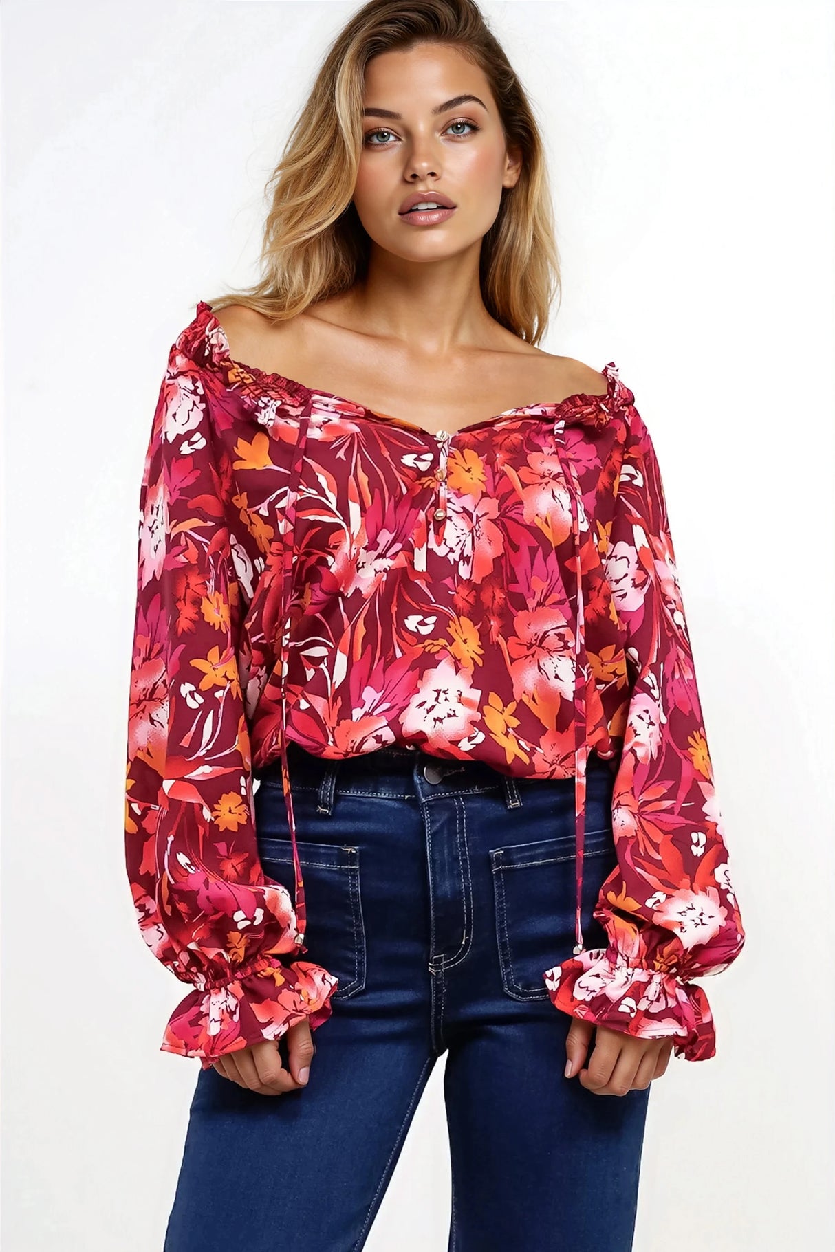 Briar Blouse - Frill Collar Pull Over Top with Long Balloon Sleeves in Monroe Print