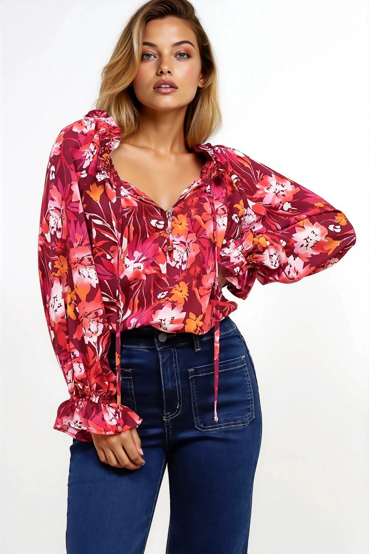 Briar Blouse - Frill Collar Pull Over Top with Long Balloon Sleeves in Monroe Print