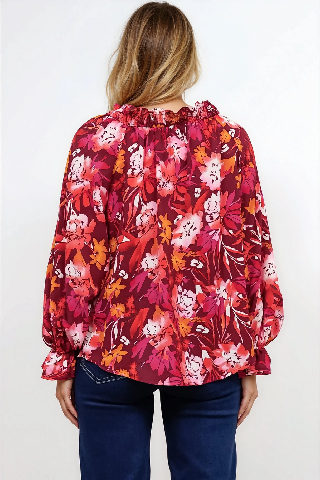 Briar Blouse - Frill Collar Pull Over Top with Long Balloon Sleeves in Monroe Print