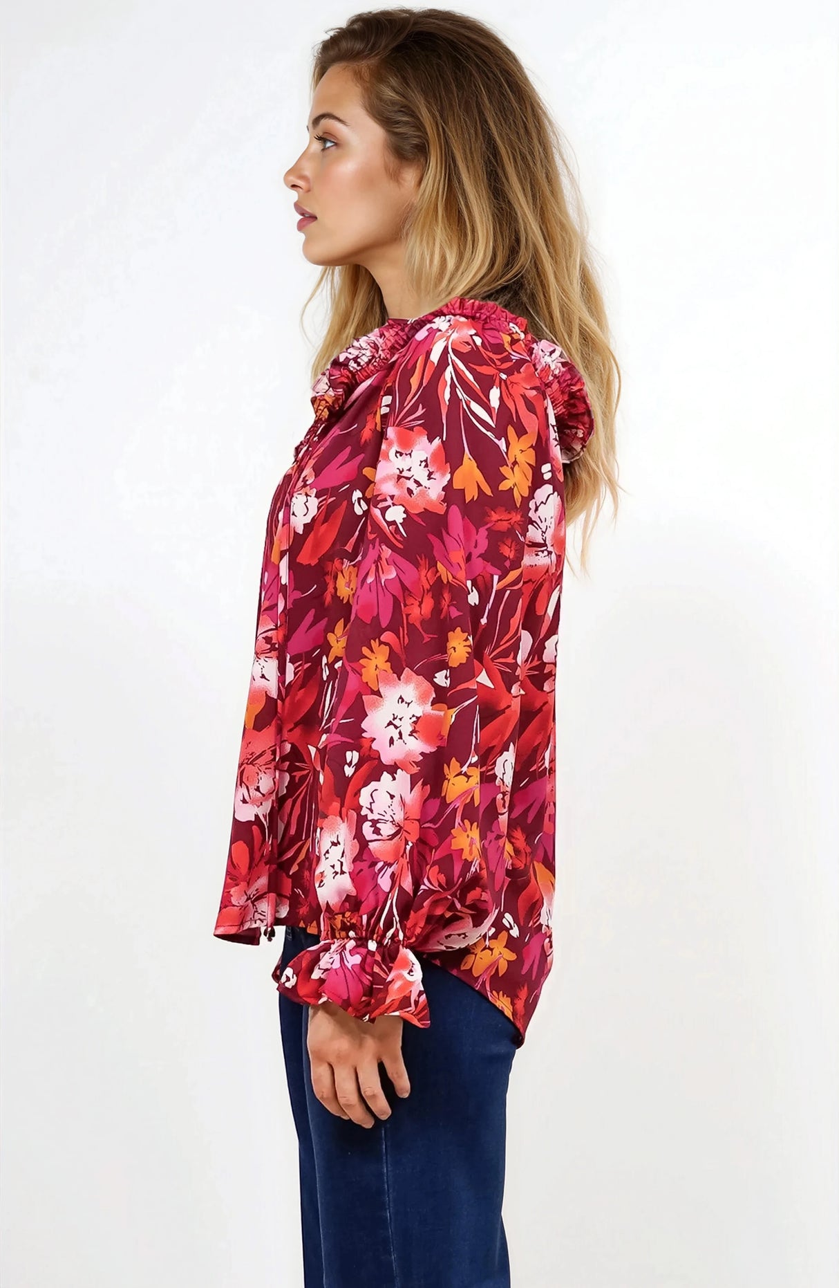 Briar Blouse - Frill Collar Pull Over Top with Long Balloon Sleeves in Monroe Print