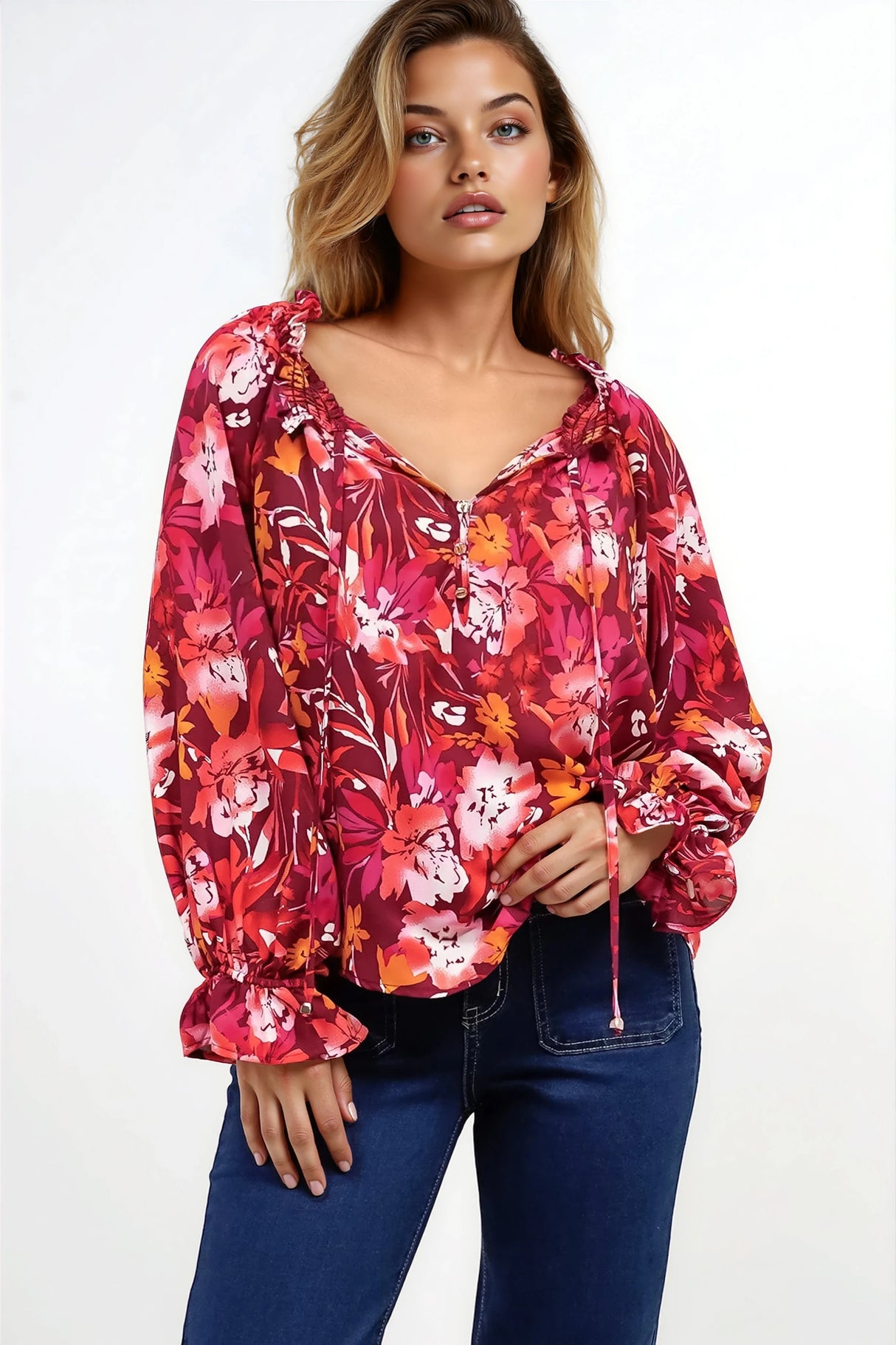 Briar Blouse - Frill Collar Pull Over Top with Long Balloon Sleeves in Monroe Print