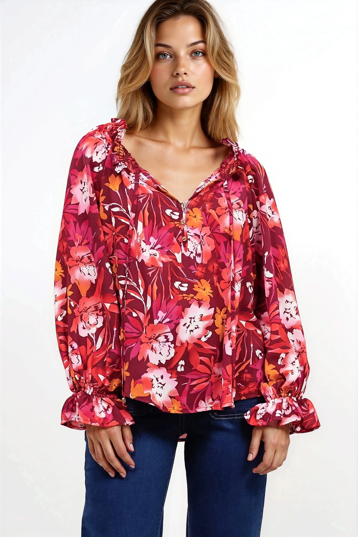 Briar Blouse - Frill Collar Pull Over Top with Long Balloon Sleeves in Monroe Print