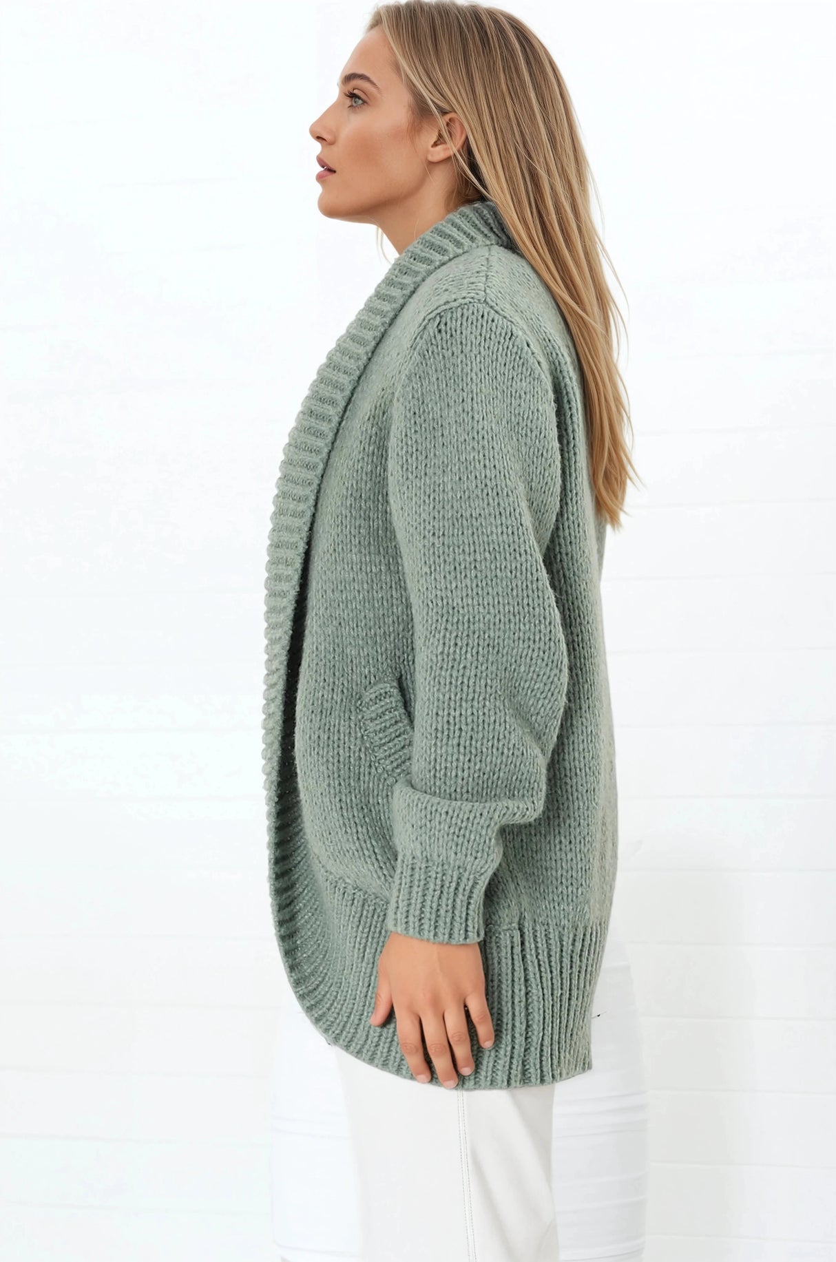 Blair Cardigan - Chunky Open Front Knit Cardigan with Pockets in Sage
