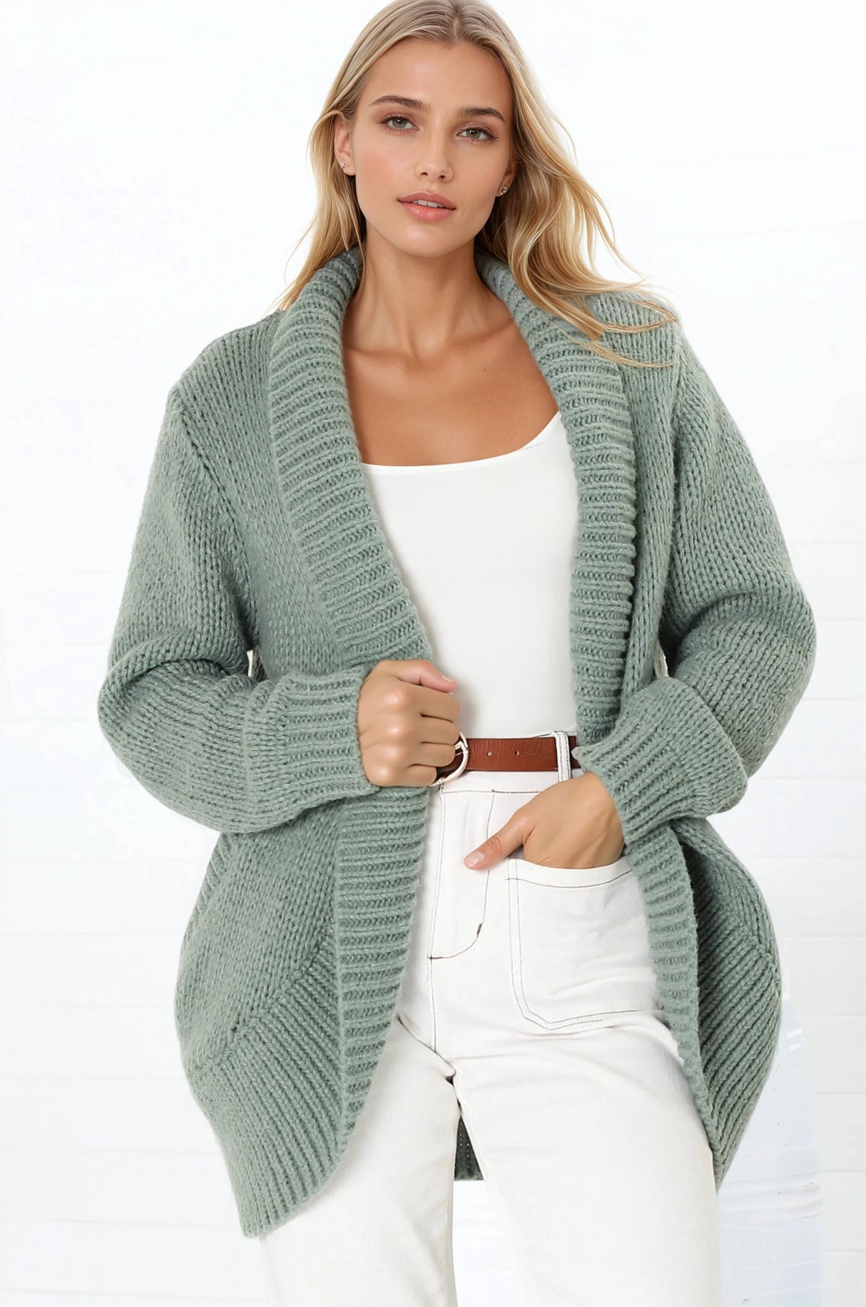Blair Cardigan - Chunky Open Front Knit Cardigan with Pockets in Sage