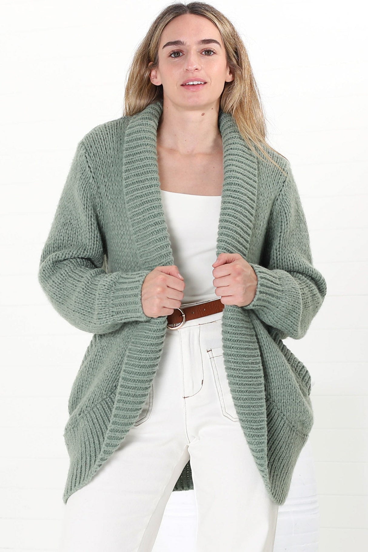 Blair Cardigan - Chunky Open Front Knit Cardigan with Pockets in Sage