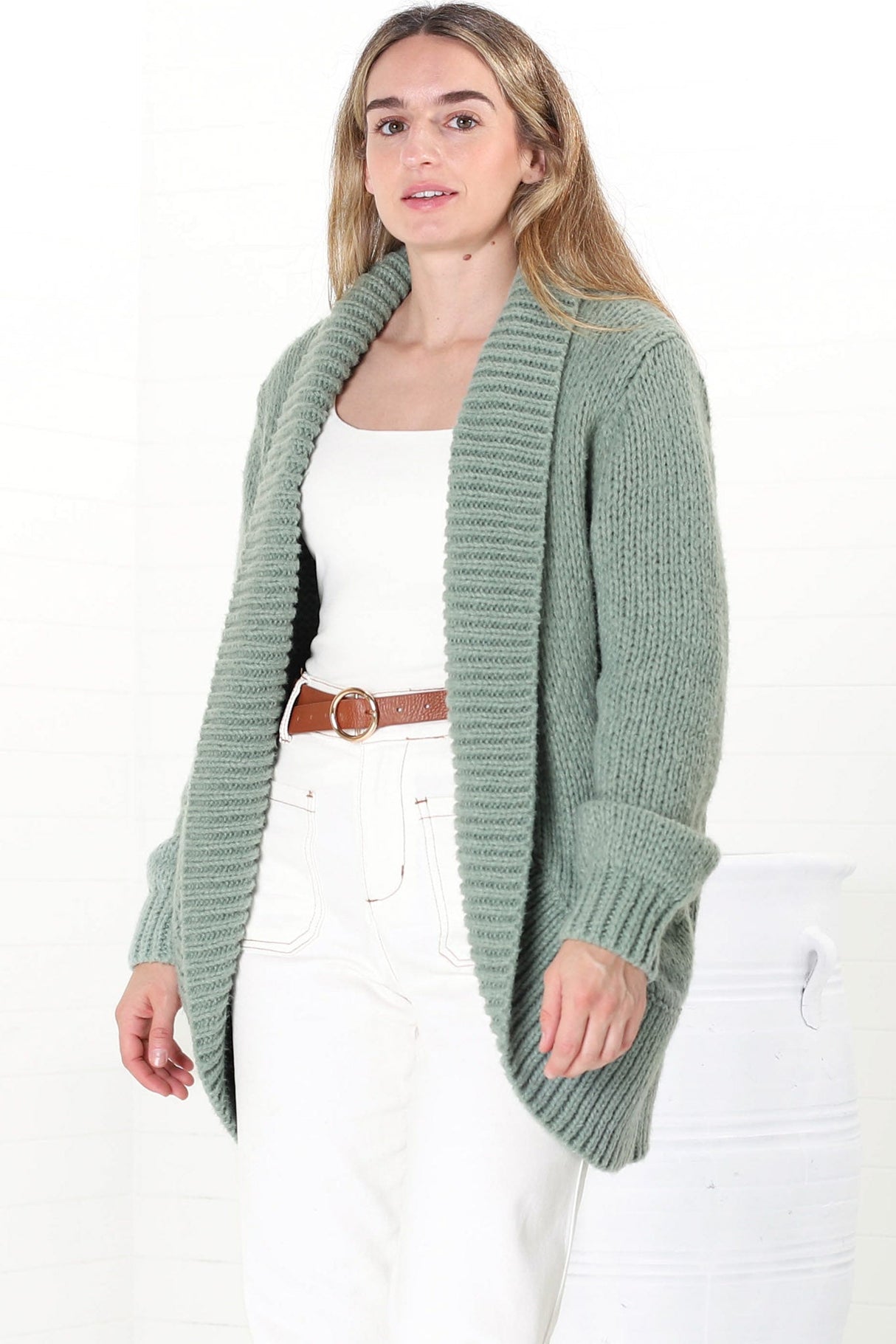 Blair Cardigan - Chunky Open Front Knit Cardigan with Pockets in Sage