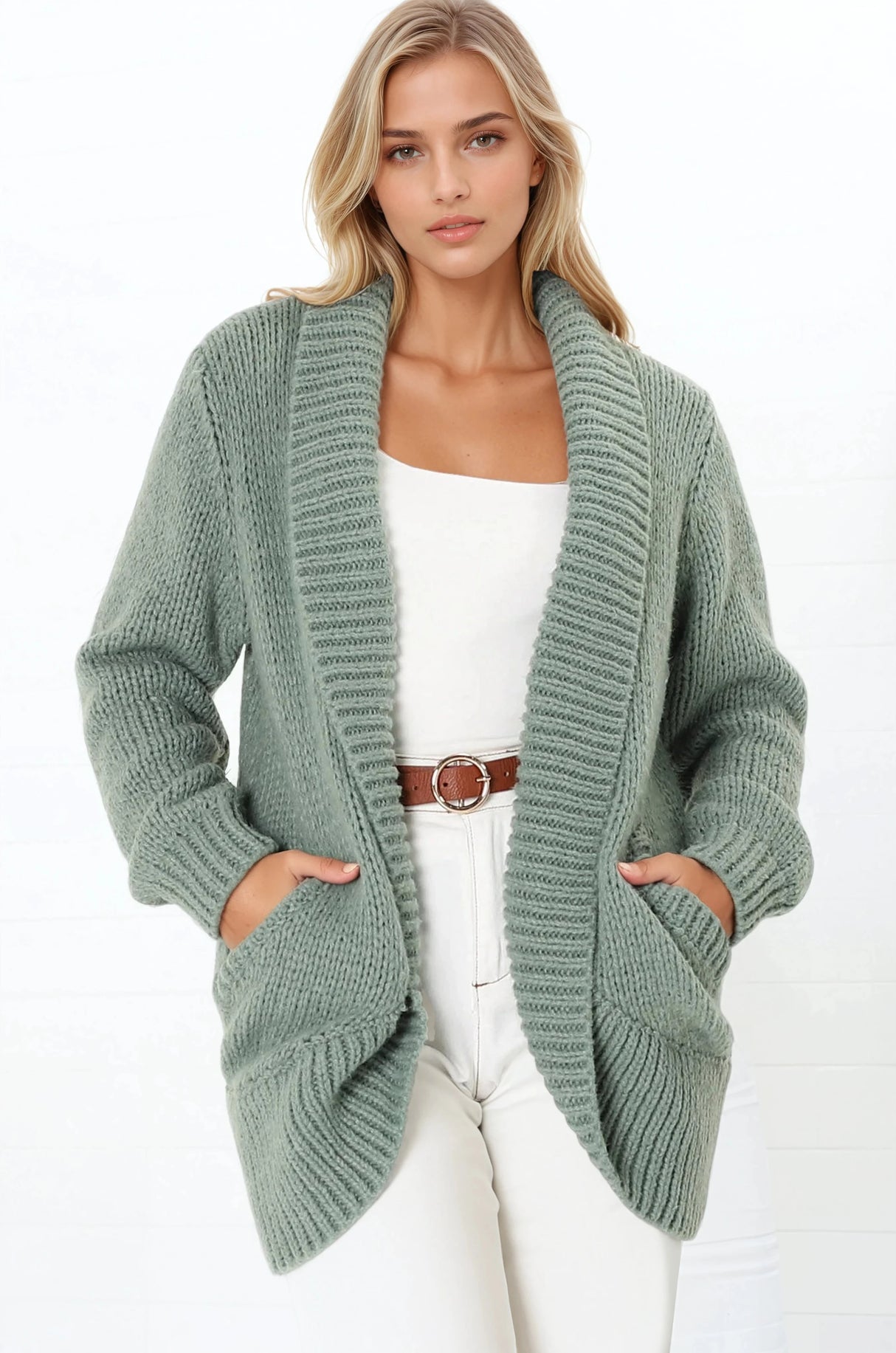 Blair Cardigan - Chunky Open Front Knit Cardigan with Pockets in Sage