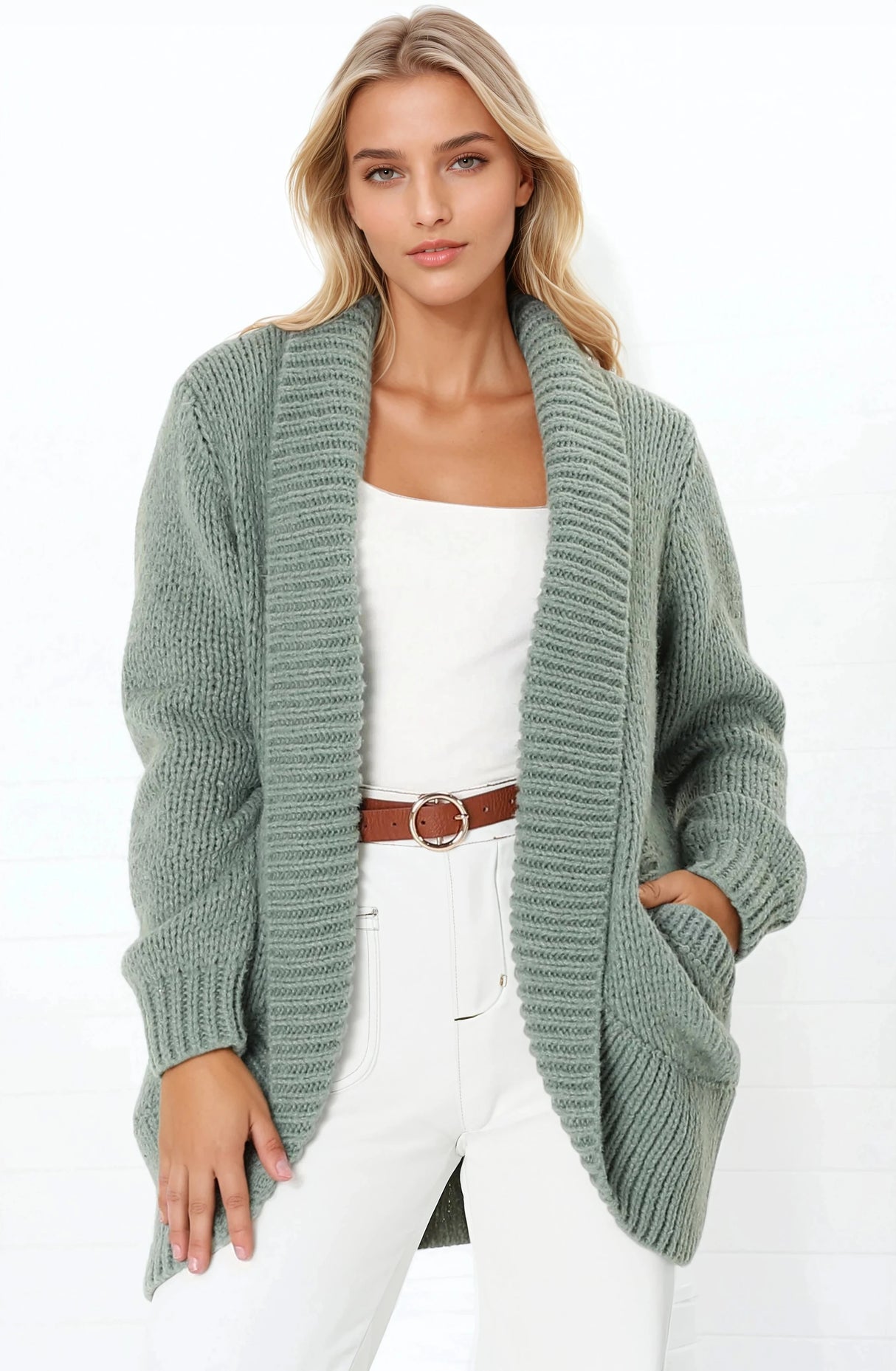 Blair Cardigan - Chunky Open Front Knit Cardigan with Pockets in Sage