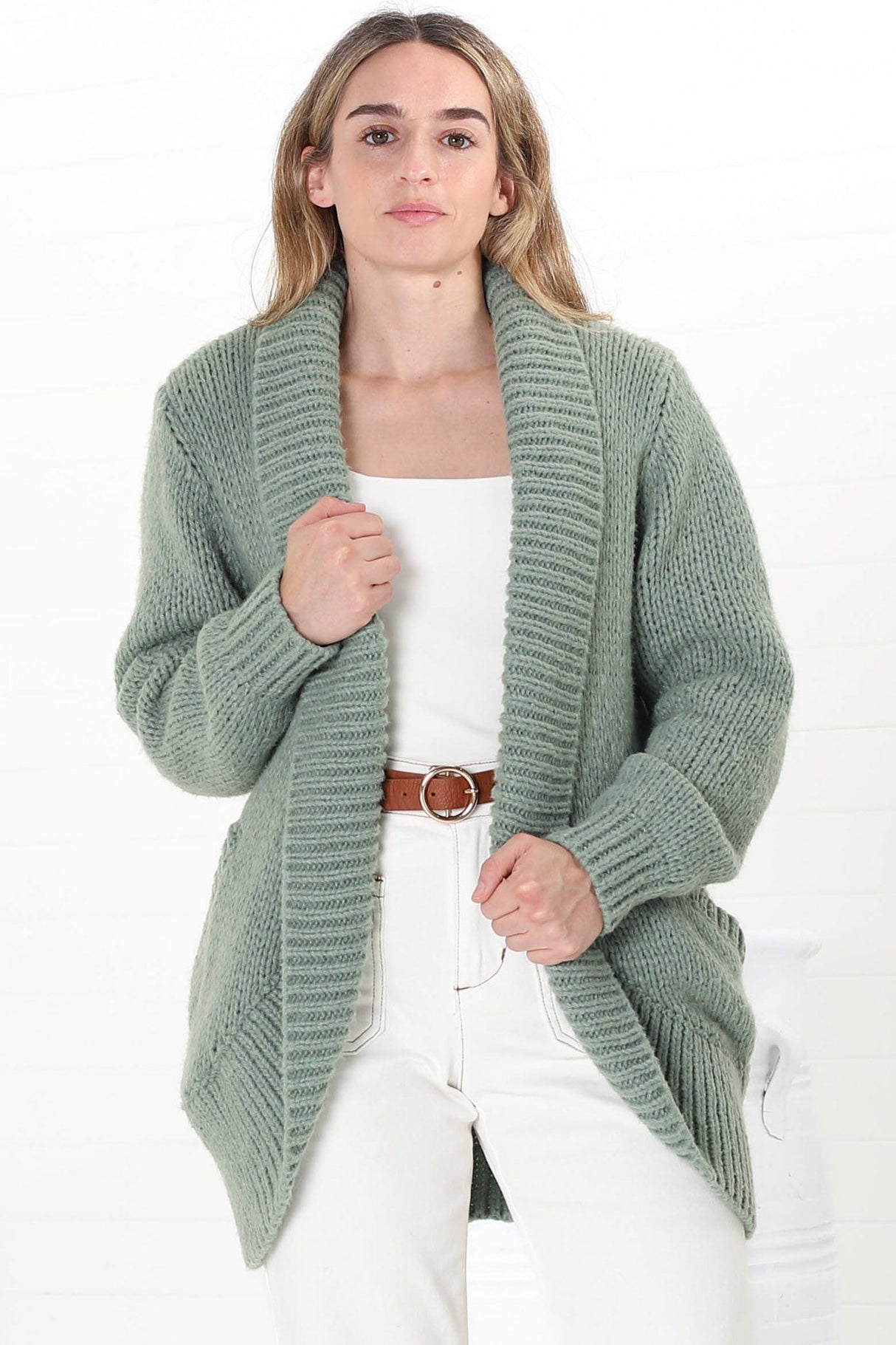 Blair Cardigan - Chunky Open Front Knit Cardigan with Pockets in Sage