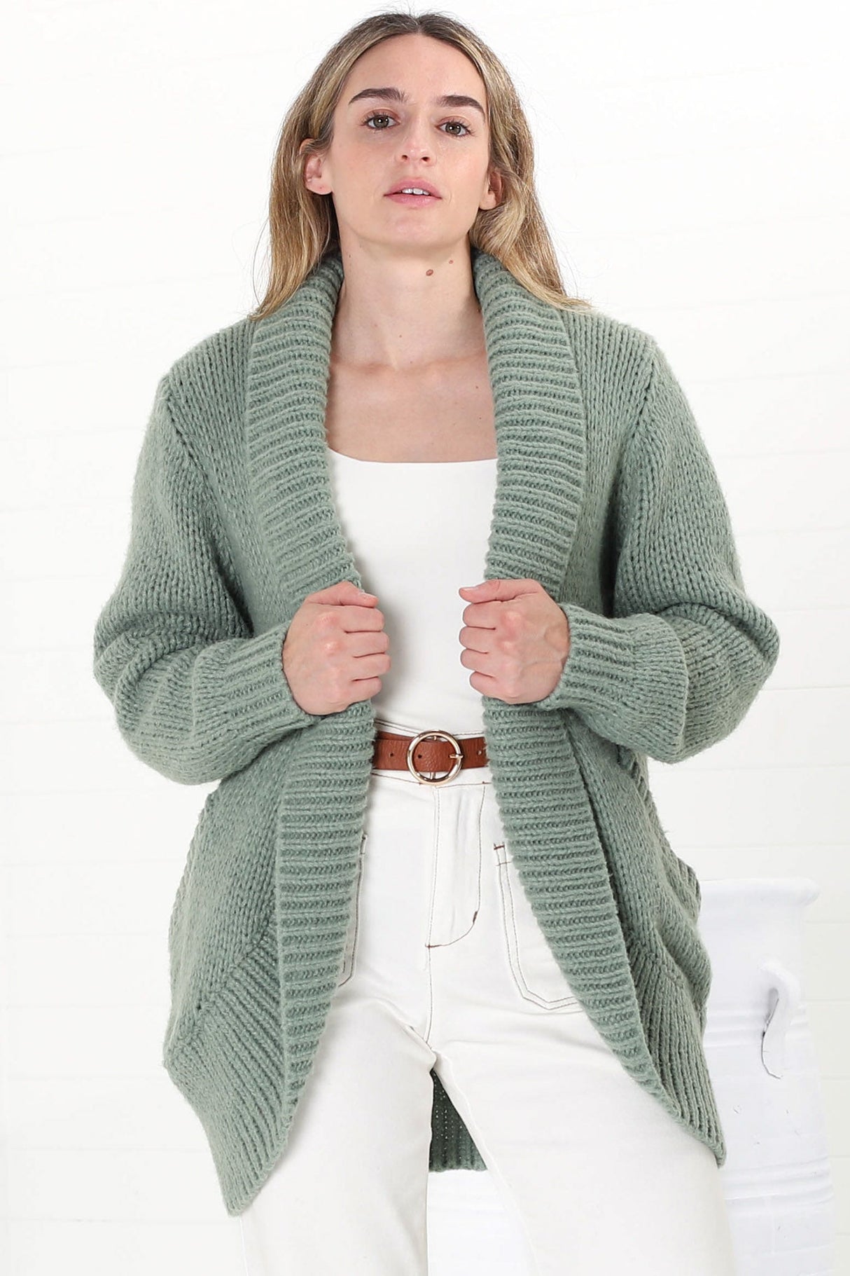 Blair Cardigan - Chunky Open Front Knit Cardigan with Pockets in Sage