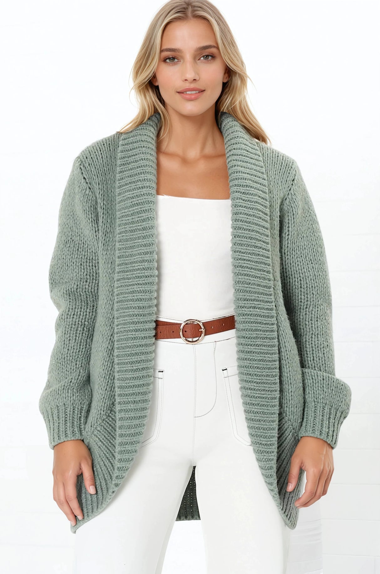 Blair Cardigan - Chunky Open Front Knit Cardigan with Pockets in Sage