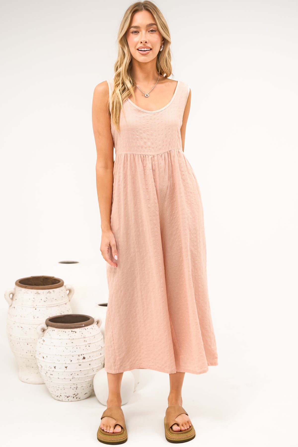 Blossie Jumpsuit - Square Neck Cropped Jumpsuit with Tie Shoulder Straps in Coral Gingham