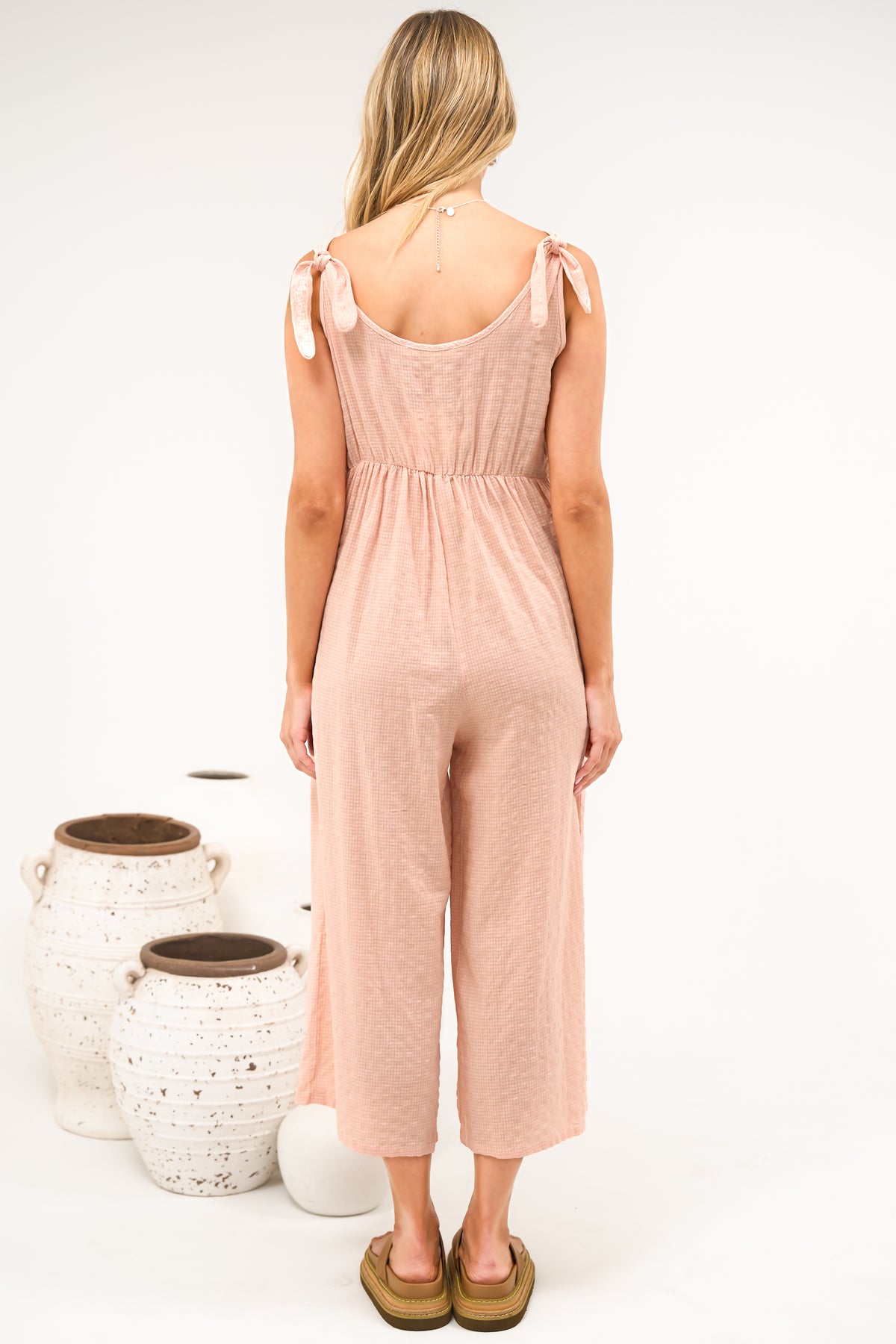 Blossie Jumpsuit - Square Neck Cropped Jumpsuit with Tie Shoulder Straps in Coral Gingham