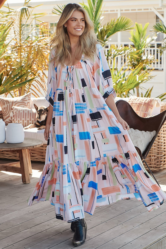 JAASE - Blossom Maxi Dress: On or Off Shoulder Smock Dress in Lila Print