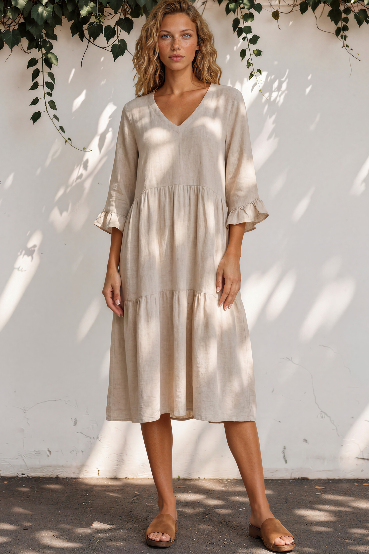 Woman wearing a beige dress standing against a white wall with greenery.