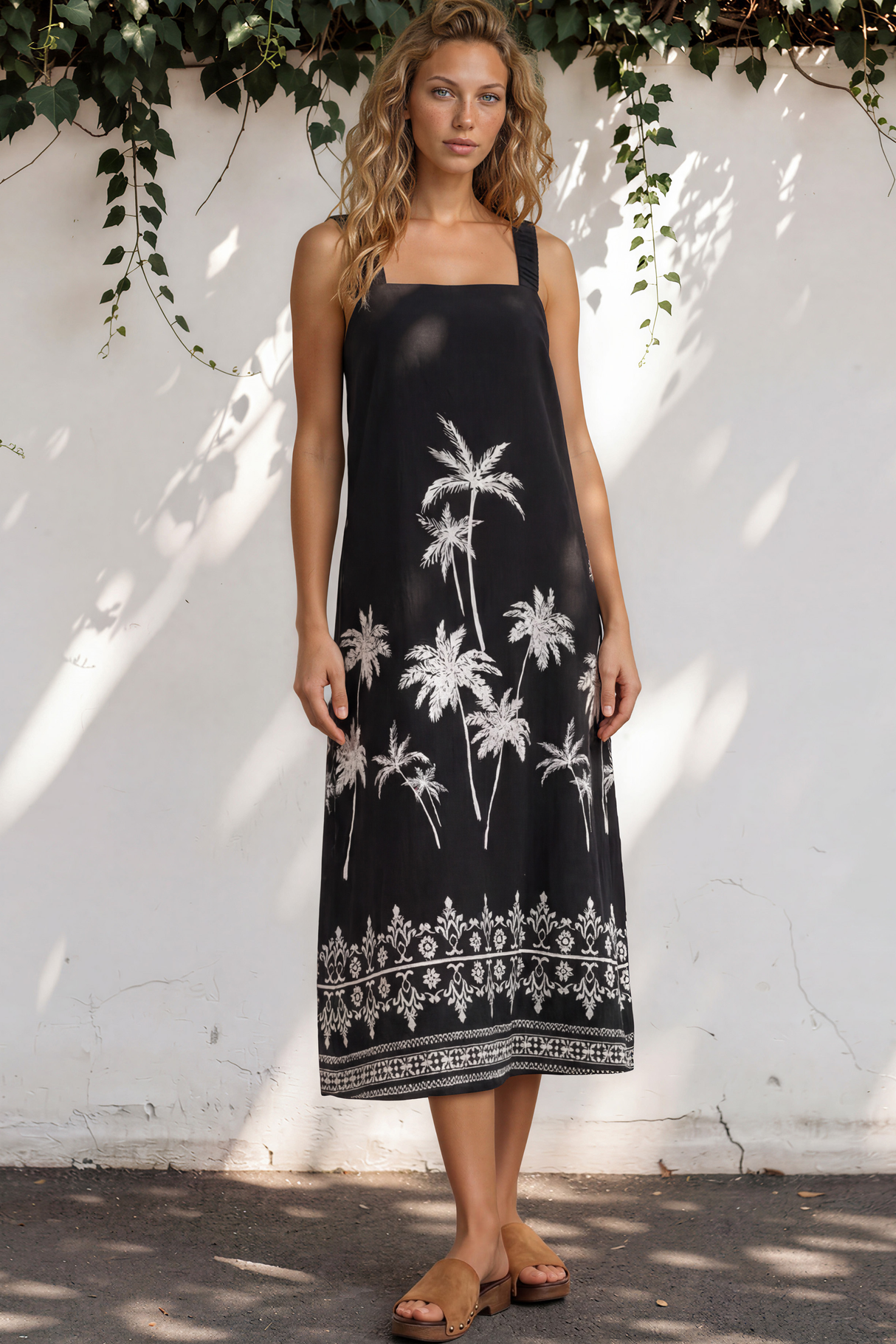 Model wearing Bodie Midi Dress in Aviv Print Black from Salty Crush