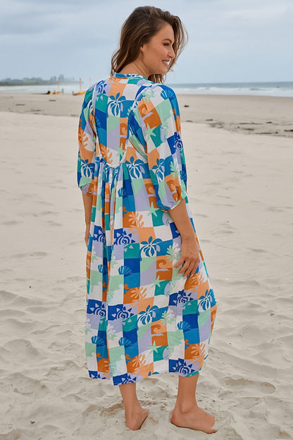 JAASE - Boheme Midi Dress: Piping Defined Bust Slimline Smock Dress in Tides Print