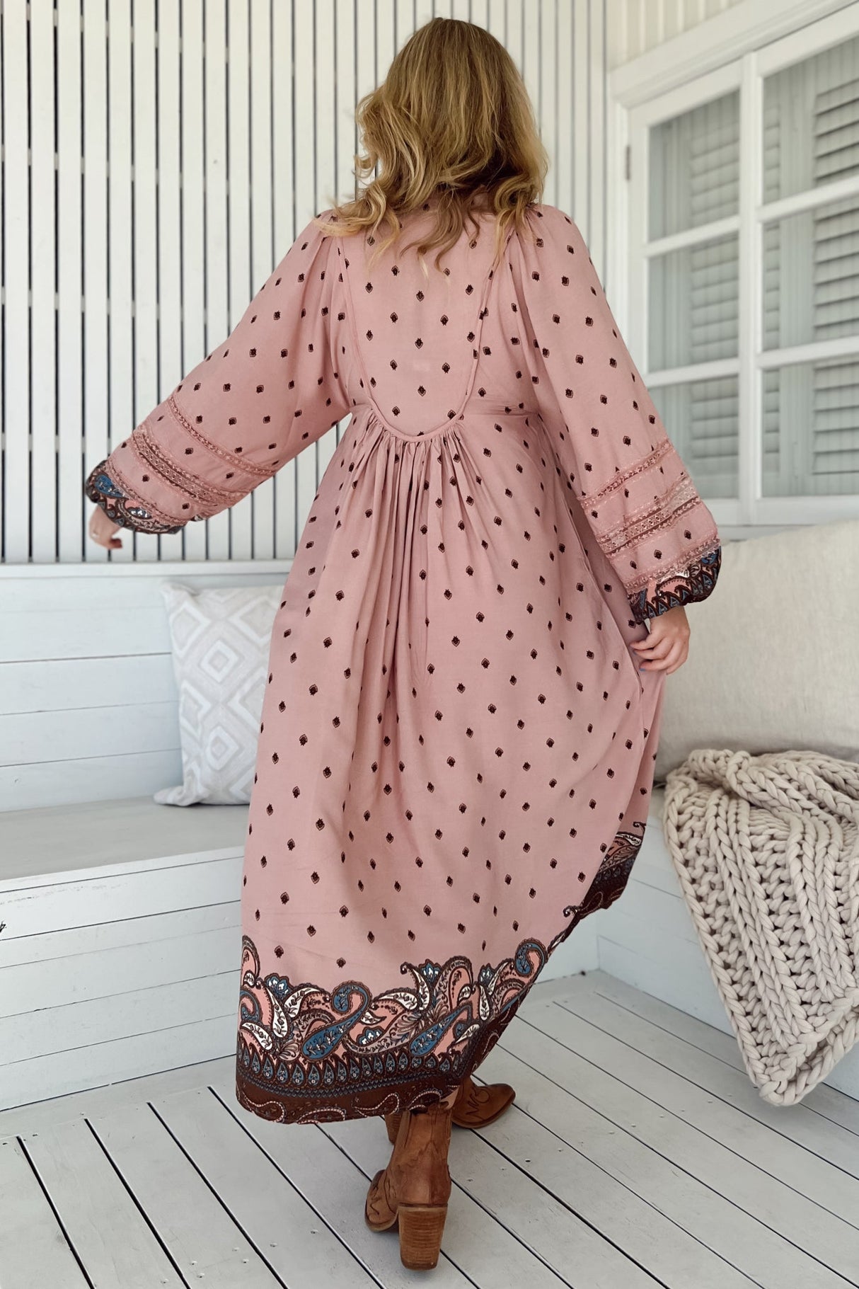 JAASE - Boheme Midi Dress: Long Sleeve Piping Defined Bust Slimline Smock Dress in Seraphina Print