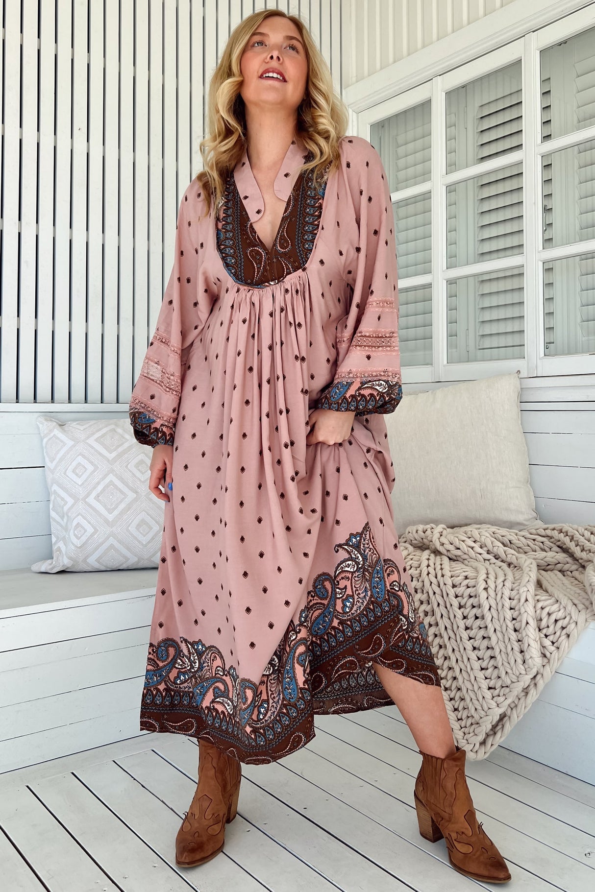 JAASE - Boheme Midi Dress: Long Sleeve Piping Defined Bust Slimline Smock Dress in Seraphina Print