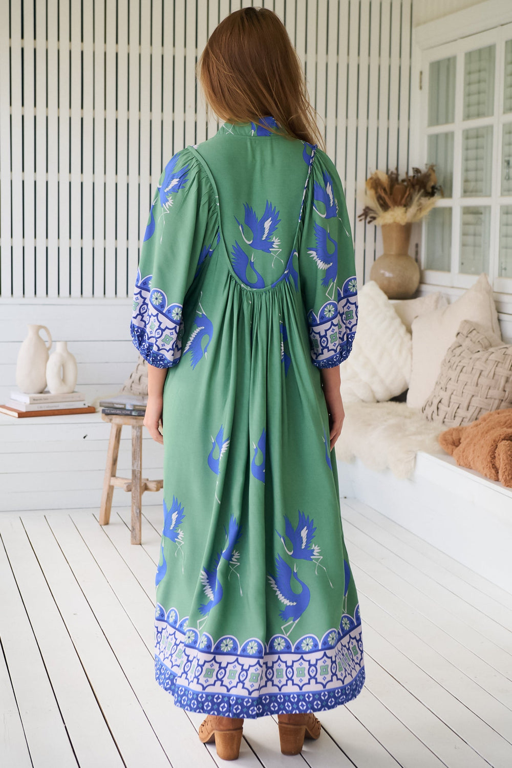 JAASE - Boheme Midi Dress: Piping Defined Bust 3/4 Sleeve Smock Dress in Bluebird Print