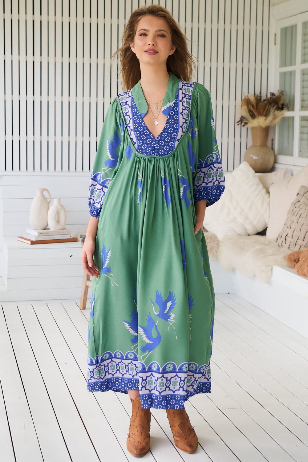 JAASE - Boheme Midi Dress: Piping Defined Bust 3/4 Sleeve Smock Dress in Bluebird Print