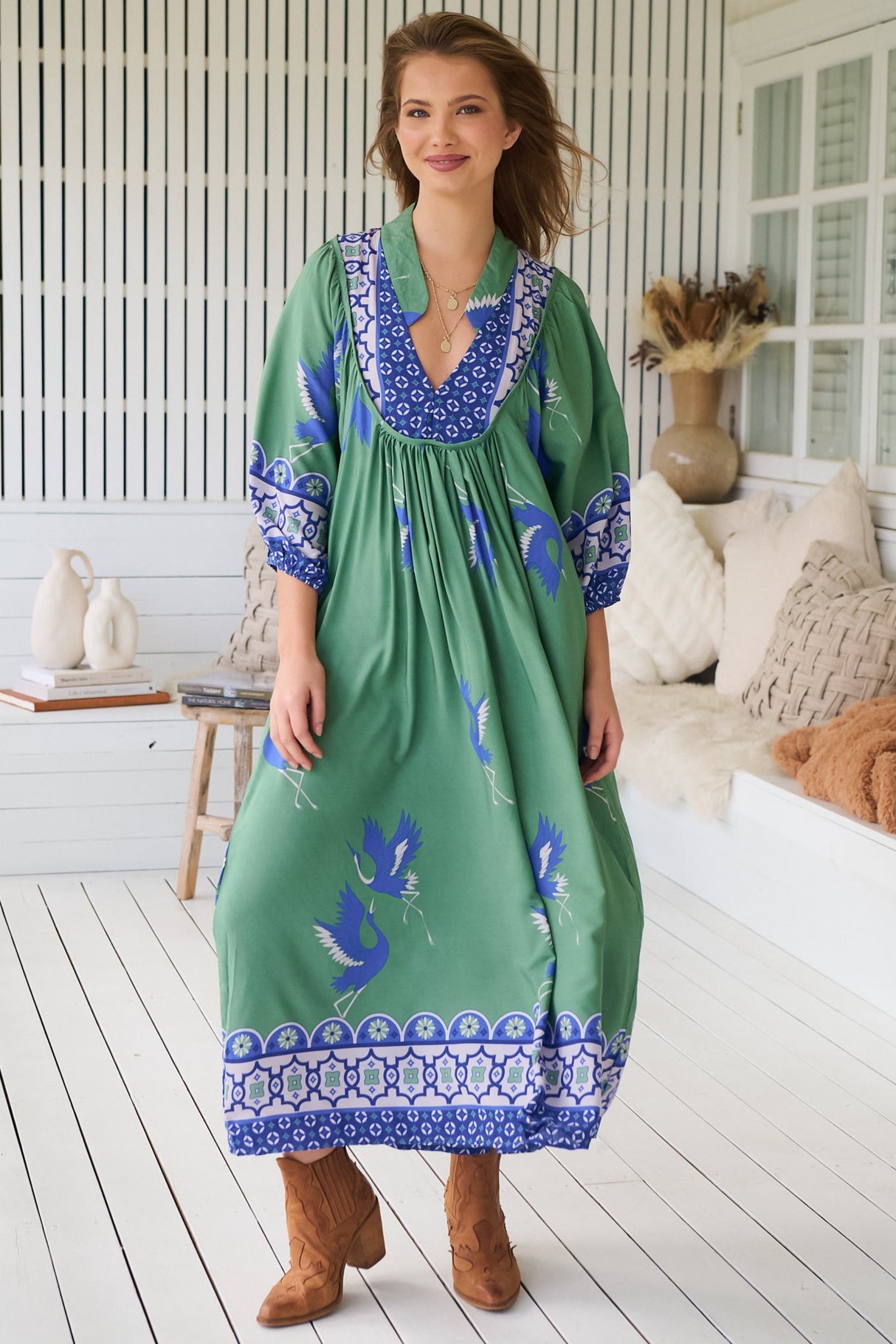 JAASE - Boheme Midi Dress: Piping Defined Bust 3/4 Sleeve Smock Dress in Bluebird Print