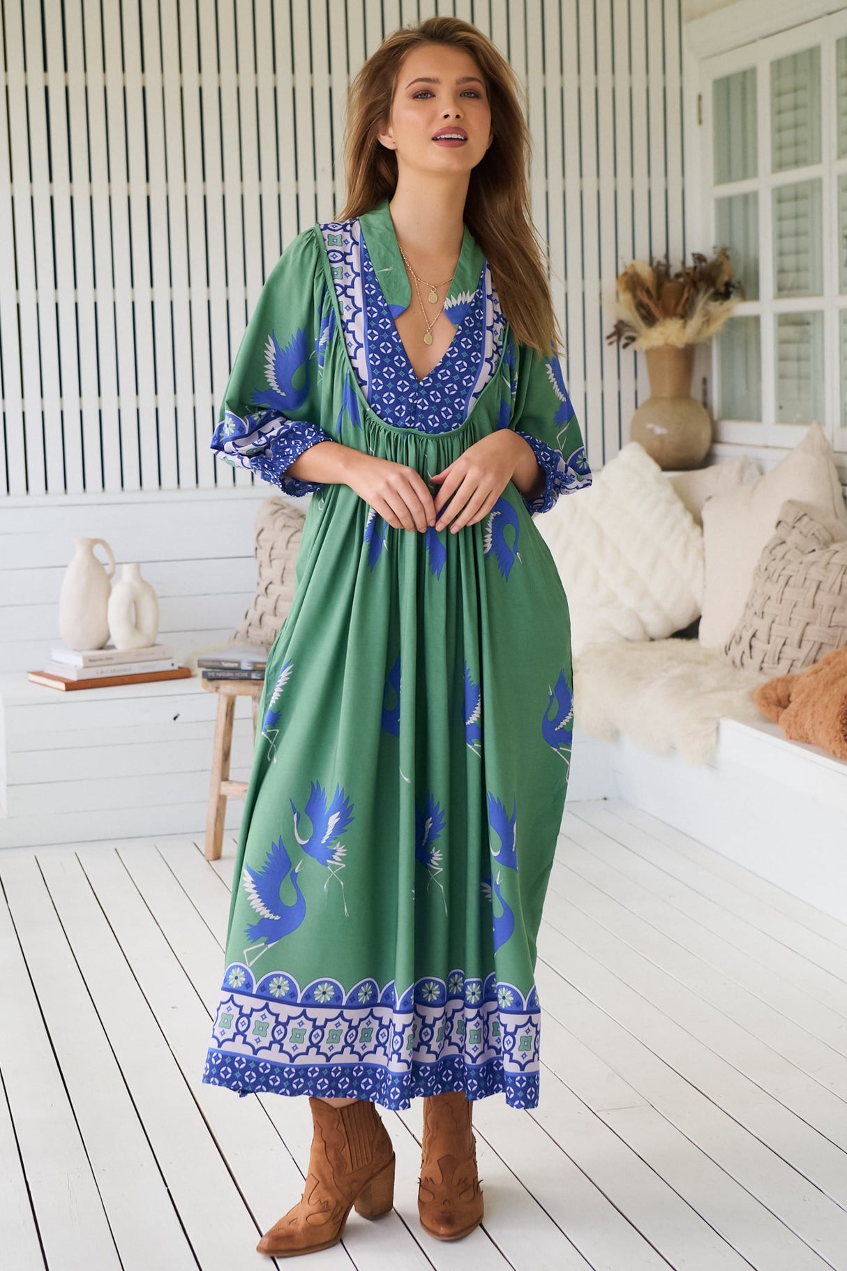 JAASE - Boheme Midi Dress: Piping Defined Bust 3/4 Sleeve Smock Dress in Bluebird Print