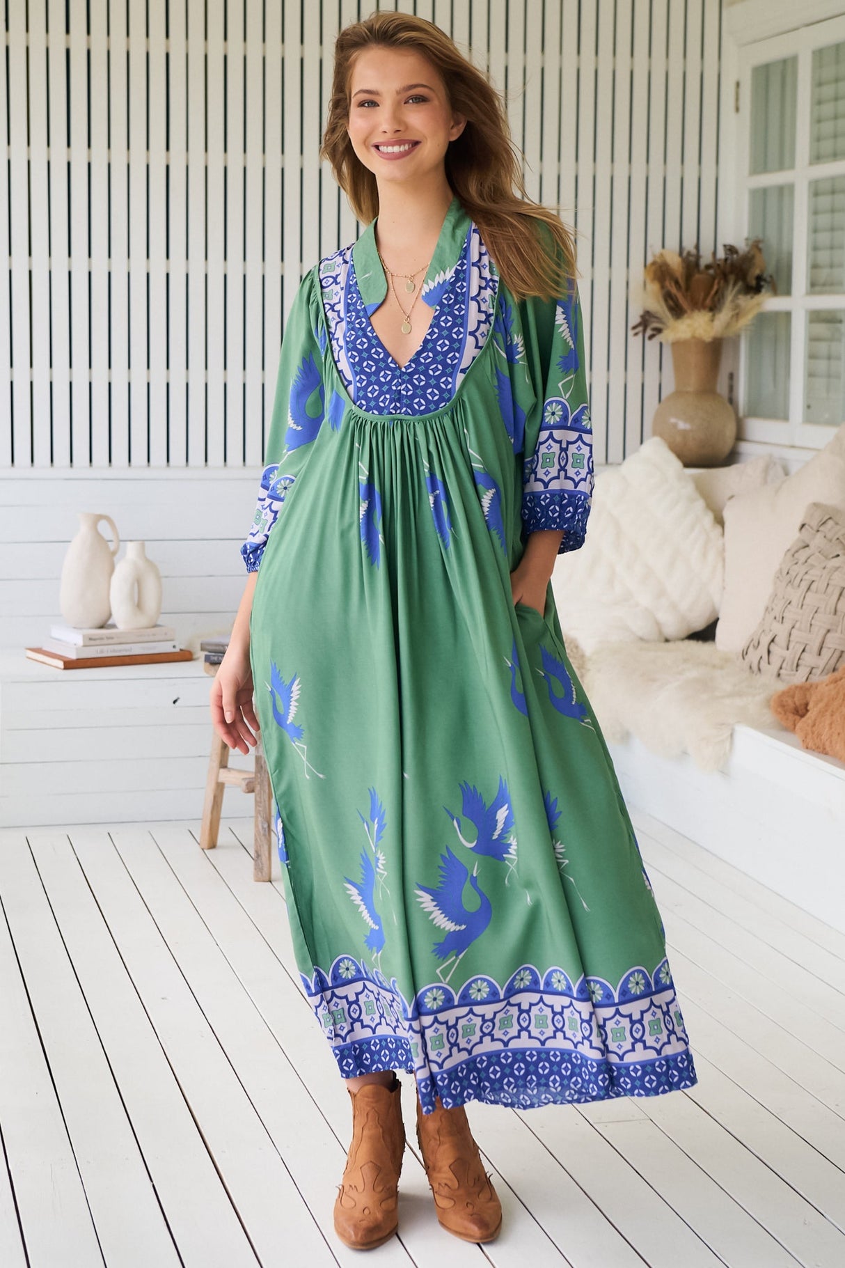 JAASE - Boheme Midi Dress: Piping Defined Bust 3/4 Sleeve Smock Dress in Bluebird Print